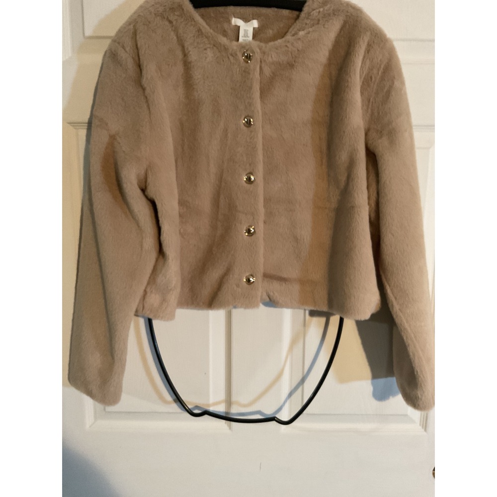 H&M Womens Faux Fur Jacket Tan Cropped Button Front Gold Buttons XL 1239208004